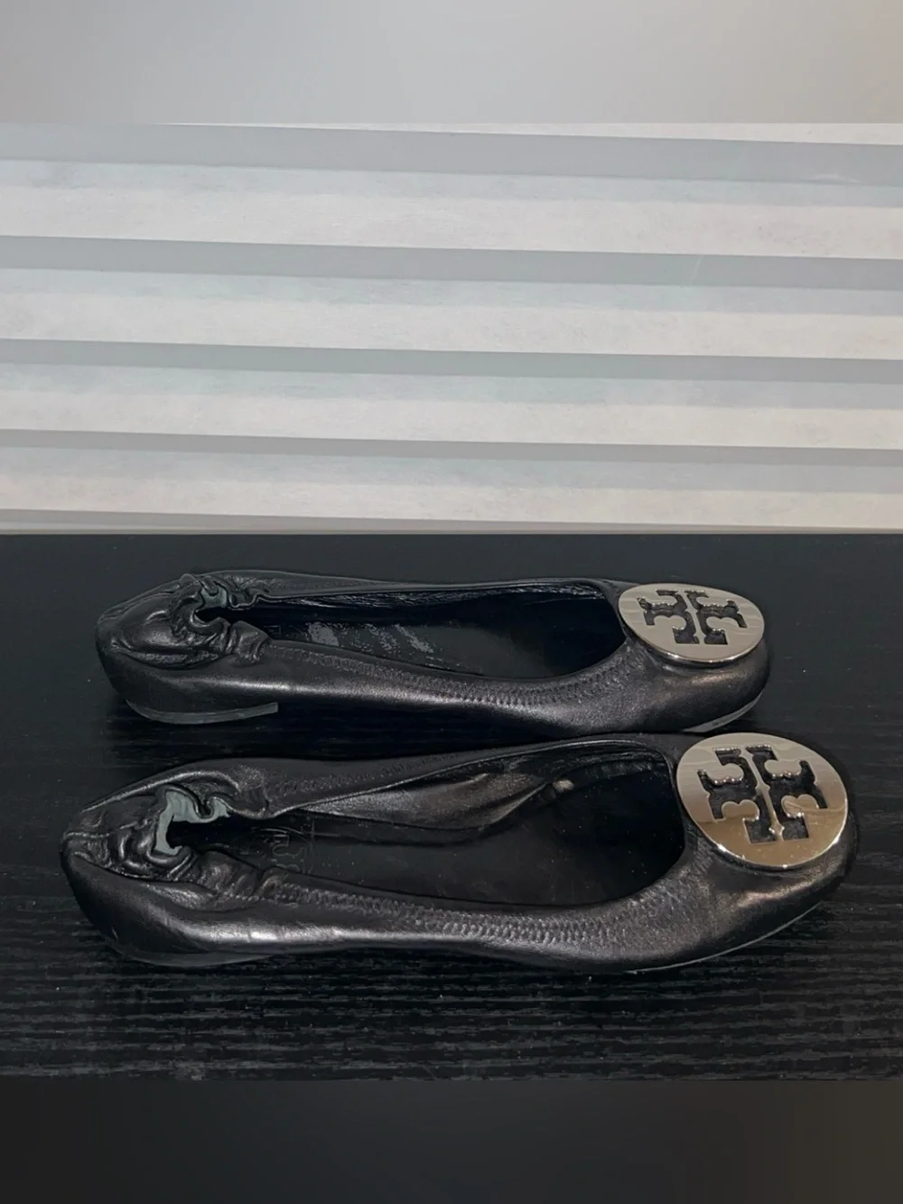 Tory Burch Black Leather Ballet Flat with Gold Medallion
